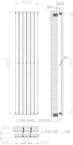 DuraTherm Vertical Oval Tube Single Panel Designer Radiator - 1600 X 360mm Black -UK Bathroom Supplies Sales 041870c5 27a7 468e 8810 a2278d82d755