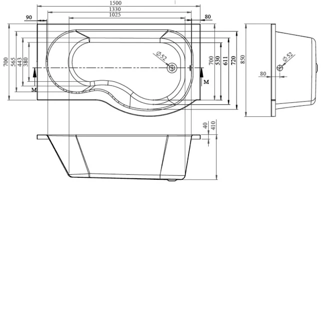 BC Designs SolidBlue P 1500mm X 850mm Right Handed P Shape Bath White - BAI022 6 BC Designs SolidBlue P 1500mm X 850mm Right Handed P Shape Bath White - BAI022 - Image 4