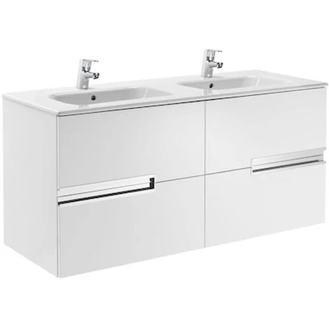 Roca Victoria-N UNIK 1200mm 2 Drawer Basin Unit & Double Bowl Basin Gloss White - 855830806 3 Roca Victoria-N UNIK 1200mm 2 Drawer Basin Unit & Double Bowl Basin Gloss White - 855830806