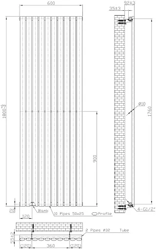 DuraTherm Vertical Oval Tube Single Panel Designer Radiator - 1800 X 600mm Black 6 DuraTherm Vertical Oval Tube Single Panel Designer Radiator - 1800 X 600mm Black - Image 4